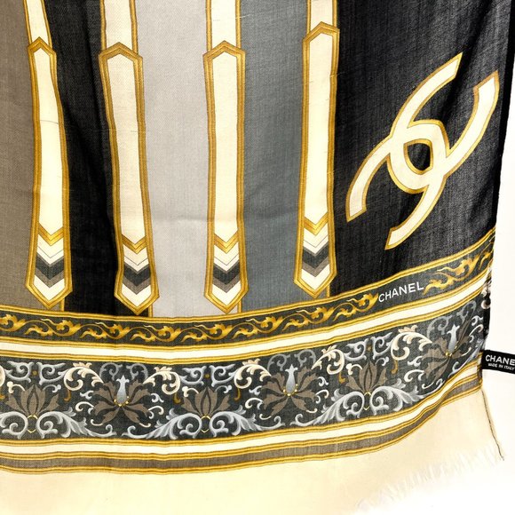 Sold on our website CHANEL Black Gray Cashmere Rectangular CC Logo Fringe Scarf - Picture 8 of 13